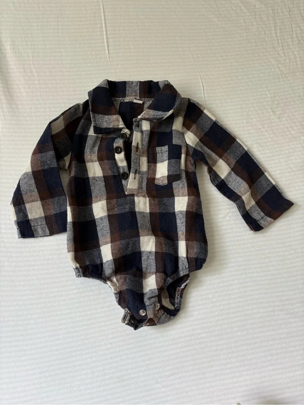Plaid Long-Sleeve Baby One-Piece in Navy, Brown & Cream
